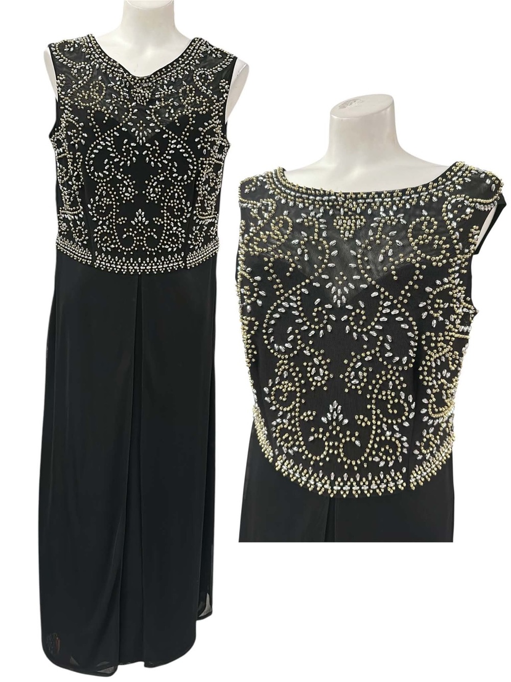 Jackie Jon NY Black Beaded Maxi Dress with Gold-Tone Embellished Bodice Size L
